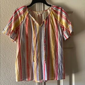 Chloe + Rene Flutter Sleeve Red Blue and Yellow Blouse